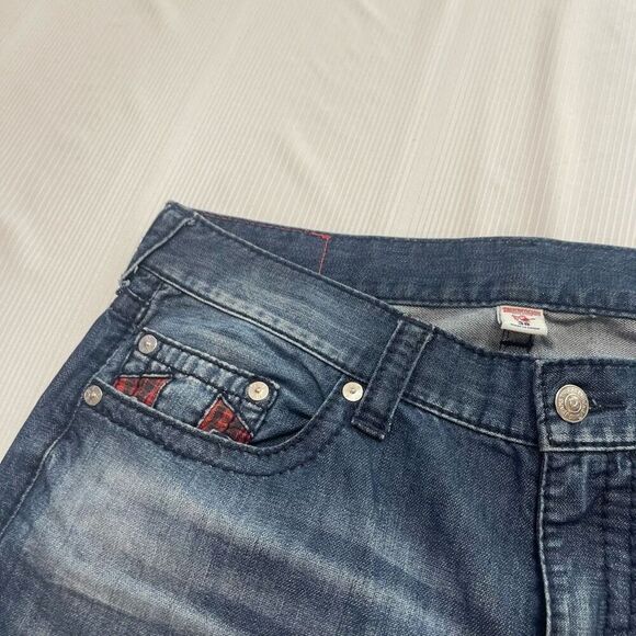 True Religion Men's Plaid Insert Big T Straight Stretch Denim Jeans Size 38 X 34 - Picture 3 of 11